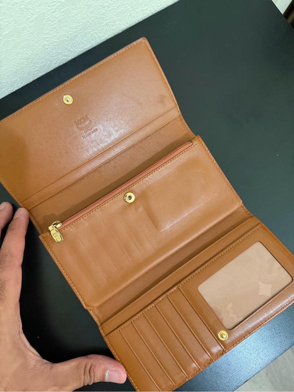 MCM Cognac Logo Continental Wallet with Blue and Gray Stripes - Picture 3 of 3